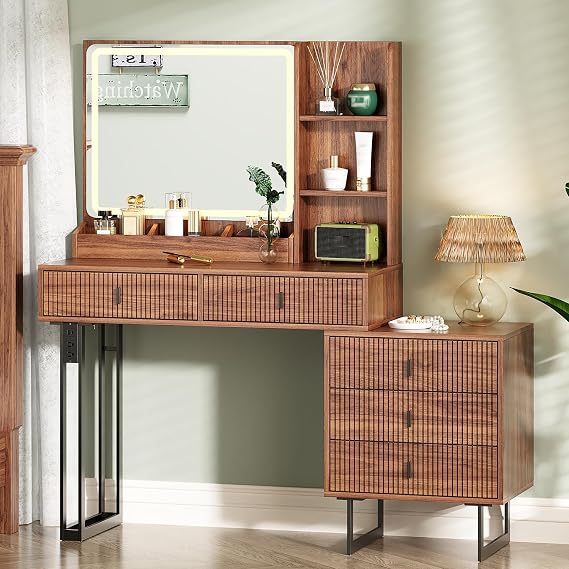 Large Vanity Desk with 3 Color Touch Screen Dimming Mirror, Vanity Desk with Charging Station, Modern Retractable Makeup Dressing Table, Makeup Table With storage shelves and 5 Sliding Drawers, Brown