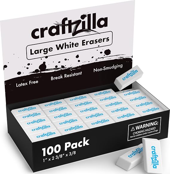 Craftzilla White Erasers Bulk 100 Pack - Large Latex- Free Bulk Erasers for Kids, Classroom, and School Supplies - Ideal for Pencils and Drawing - Borradores Escolares