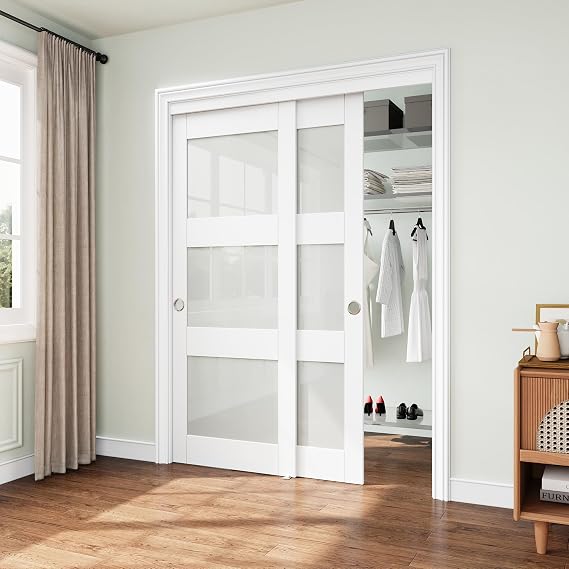 Sliding Closet Door, 60"80"(Double Barn Doors 31"), Frosted 3 Panel Tempered Glass Sliding Door with Hardware Kit, Pre-Drilled Panel, MDF with Paintable Surface, White, Need to Assemble