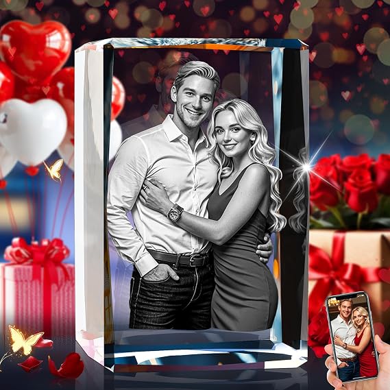 Personalized 3D Crystal Photo, Valentines Day Customized Gifts for Her, Woman, Wife, Mom, Dad, Father, Him, Husband, Custom 3D Picture, Birthday, Anniversary, Couples, Girlfriend Gifts, Cube