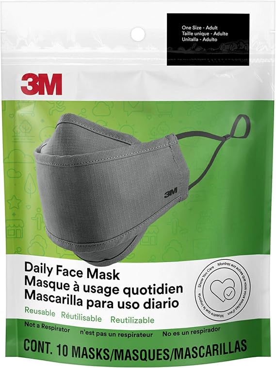 3M Daily Face Mask Reusable Washable Adjustable Ear Loops, Lightweight Cotton Fabric, 5 Count