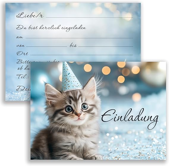 E&G Klasse 10 x Children's Invitation Cards Invitation Children's Birthday Cat Party Cat Girls Boys Birthday Party Blue Pink Silver Birthday First Day at School