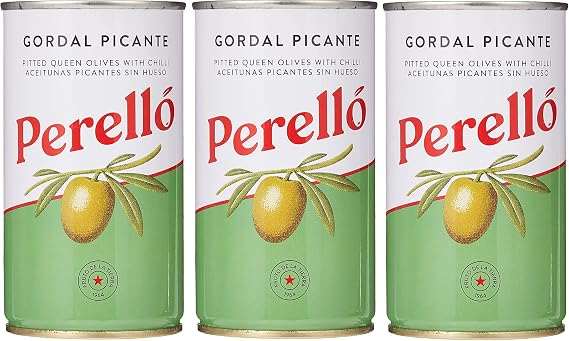 Perelló Gordal Picante Pitted Olives - 350g (150g Drained), Pack of 3, Spanish Green Olives - Spicy Gordal Olives, Perello Olives, Tinned Olives Pitted