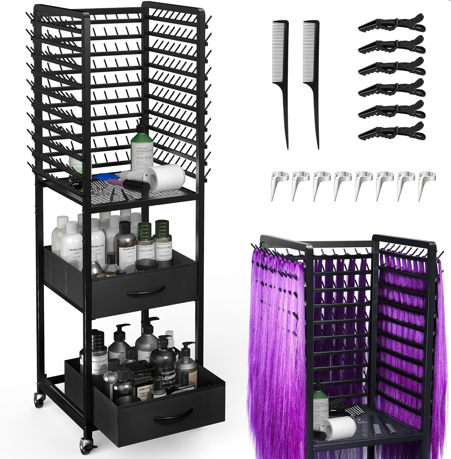 Yumkfoi 300 Pegs Braiding Rack with Large Drawers, 3-Sided Hair Rack with Wheels and 16 Braiding Tools, Hair Extension Holder 52 Inch Height for Hair Salon, Home