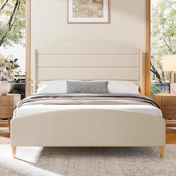 Cozy Castle Queen Size Bed Frame 50.4" High Wingback Headboard Velvet Upholstered Bed/No Box Spring Required/Wood Slat Support/Easy Assembly (Beige)