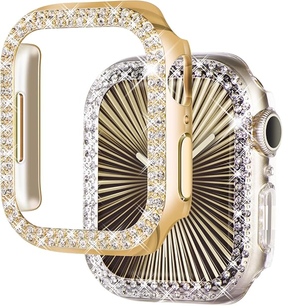 NewWays 2-Pack Luxury Bling Case for Apple Watch Series 4 5 6 SE 40mm, Double Row Sparkling Crystals Premium Jewelry Bumper, Slim Protective Frame Cover for Women, Gold/Clear