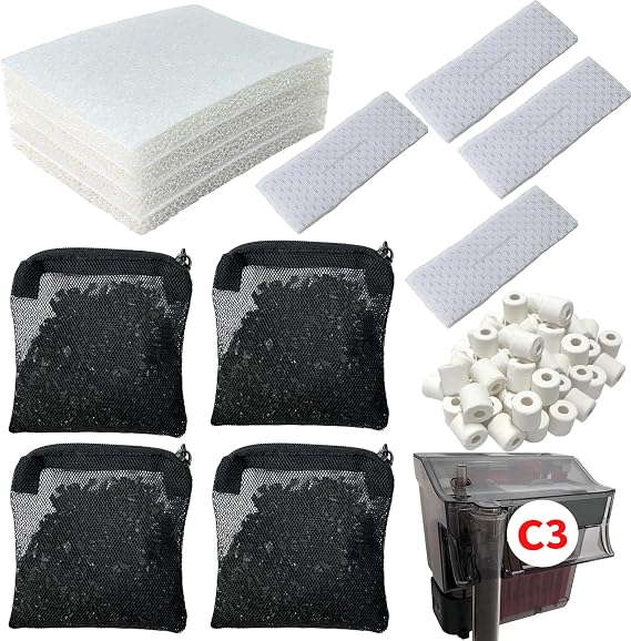2 Aquarium Filter Media Kits Compatible with Fluval C3 (50 Gal) Aquarium Power Filter, Includes 4 Sponge Pads, 4 Tarpaulins, 4 Activated Carbons, 1 Pack Ceramic Ring