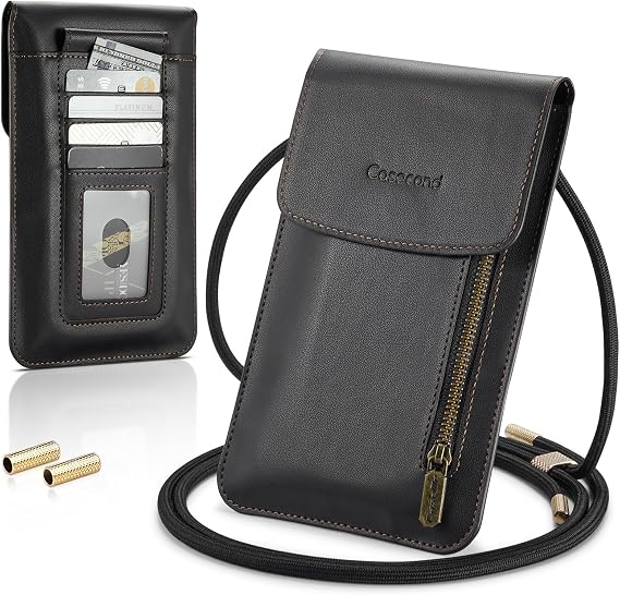 Small Crossbody Bag Cell Phone Purse for Women Men Leather Mini Shoulder Bag Wallet Case with Card Holder Slot Lanyard for All Phones iPhone 16 15 11 Samsung Google Moto up to 7.5" Black