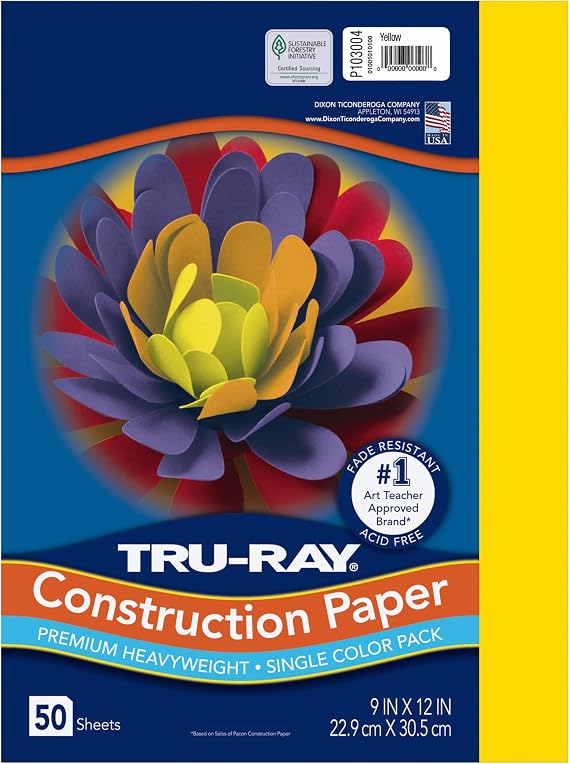 PACON Tru-Ray Construction Paper, 9-Inches by 12-Inches, 50-Count, Yellow (103004) | Yellow, 9"x 12", 50 Sheets, Fade Resistant, Art Paper