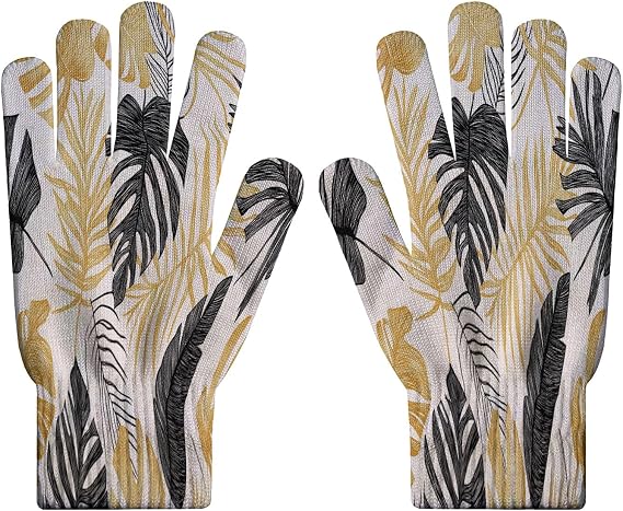 Unisex Gardening Gloves - Golden Tropical Leaves Pattern Touch Screen Knit Glove,Elastic Cuff Thermal Gloves Hand Drawn Line Art Glove Women Men Skin-Friendly Soft Mitten (Gold)