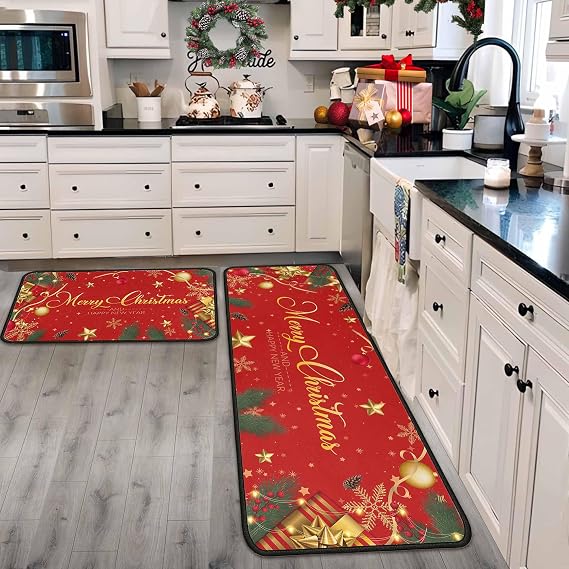 Christmas Kitchen Rugs and Mats Set of 2, Christmas Decorations for Home Non Slip Backing Winter Holiday Kitchen Rug Seasonal Low-Profile Kitchen Floor Mat Xmas Decor 17"X47"+17"X30"