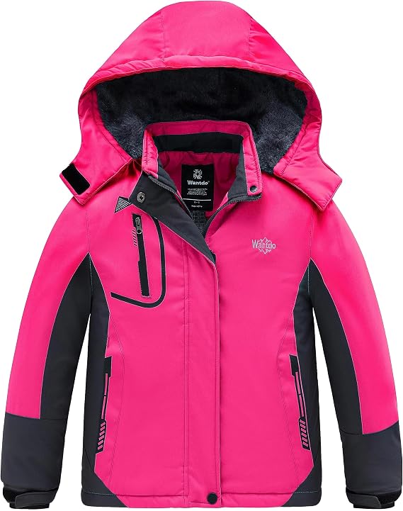 Wantdo Boy Waterproof Ski Jacket Fleeced Winter Coat Red & Girl Ski Jacket Rose Red Size 10 12