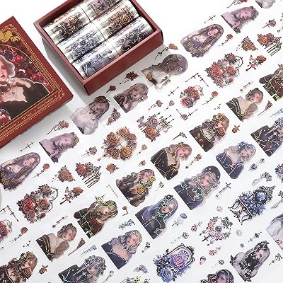 Auguro 6 Rolls PET Tapes Pre-Cut Washi Tape Stickers for Scrapbooking People Stickers Tape journaling Girl Pattern Tape Sticker Rose Sticker Rolls for Scrapbooking