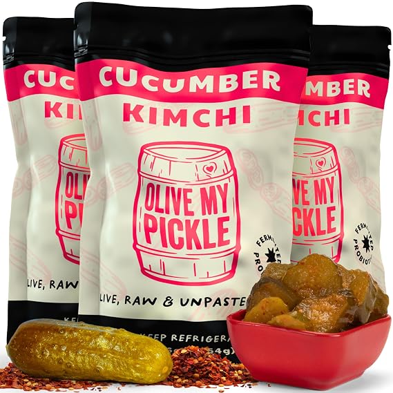 Olive My Pickle Kimchi Fermented - 48 oz | 3-Pack of Probiotic Cucumber Vegan | Fresh Korean Kimchi with Natural Probiotics for Gut Health - Perfect for Ramen & Spicy Noodles