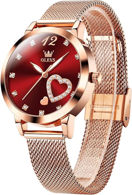 OLEVS Women's Rose Gold Watch, Small Wrist Heart Diamond Mesh Bracelet | Cute Dainty Arabic Numeral Mesh Band Dress Watches for Women, Fashion Waterproof Glow in the Dark Analog Quartz Ladies Watch