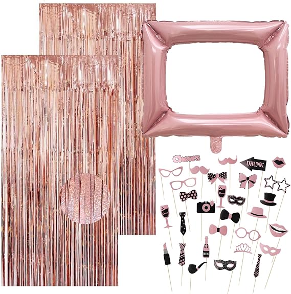 33Pcs Photo Booth Props Set, 1Pcs Inflatable Photo Booth Frame & 2Pcs Metallic Tinsel Curtains & 30Pcs Funny Selfie Props Accessories