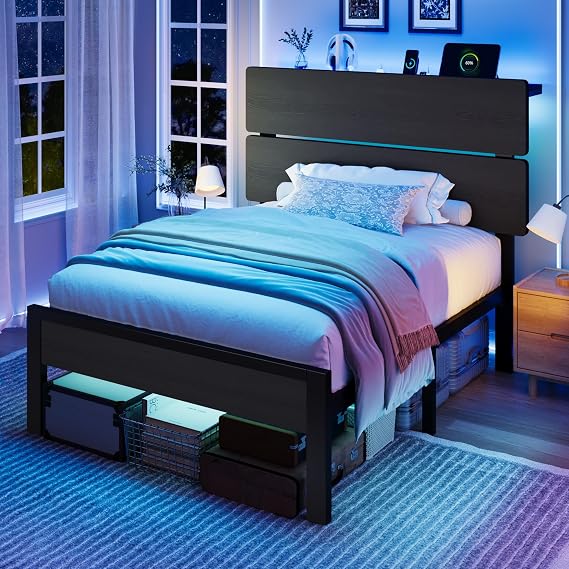 SHA CERLIN Twin Size Bed Frame, Led Light, Charging Station, Storage Shelf