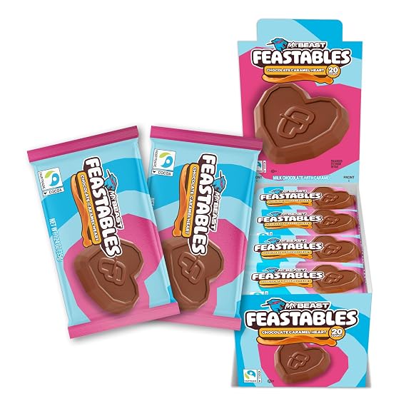 MrBeast Feastables Caramel Valentine Heart Cups, Milk Chocolate, 20 Count | Limited edition, Fairtrade cocoa candy, clean ingredients, no additives, sharable, party snacks, desserts, gifts