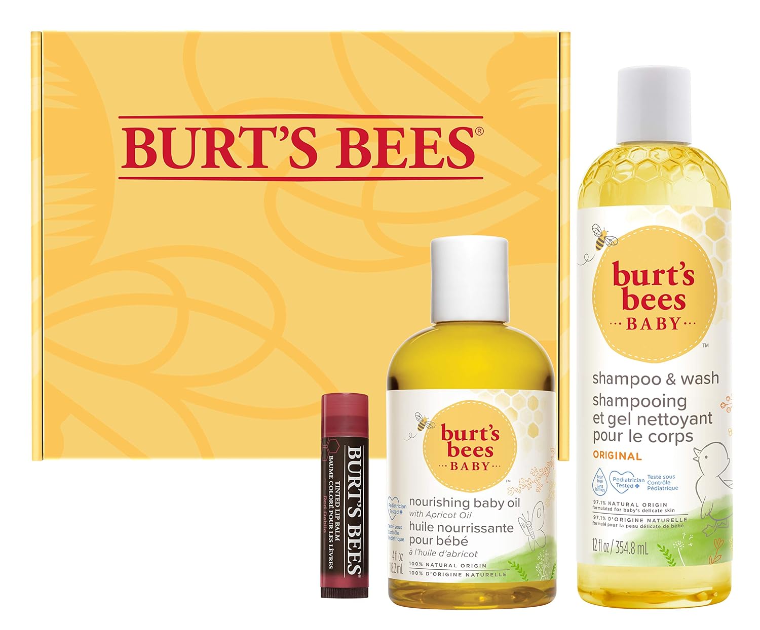 Burt's Bees Baby and Mom Gift Set with Nourishing Baby Oil, Original Baby Shampoo and Wash, and 100% Natural Origin Tinted Lip Balm, Red Dahlia