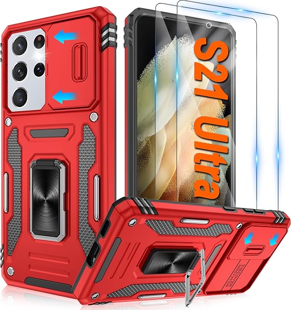 ATUMP for Samsung Galaxy S21 Ultra Case with [2 Pack] HD Screen Protector with Slide Camera Cover, 360 Rotation Ring Kickstand [Military Grade] Shockproof Protective Case for S21 Ultra, Red
