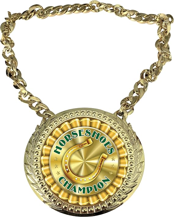 Express Medals Horseshoes Champ Chain Trophy Award with a Center Plaque Plate Measuring 6 by 5.25 Inches and Includes a 34 Inch Chain with Black Velvet Presentation Bag.