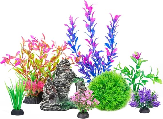 Ameliade Aquarium Artificial Plants & Rock Cave Betta Fish Tank Decor Set