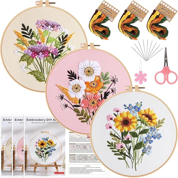 Herdiese Embroidery Kit for Beginners & Adults, 3PCS Floral Patterns.