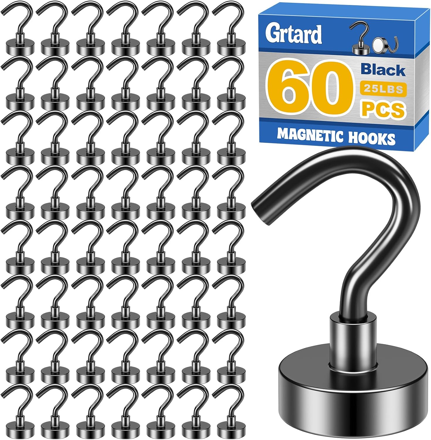 Grtard 60Pack Black Magnetic Hooks Heavy Duty, 25LBS Neodymium Magnet Hooks for Cruise, Strong Magnetic Hooks for Hanging, Magnets with Hooks for Home, Kitchen, Workplace, Office