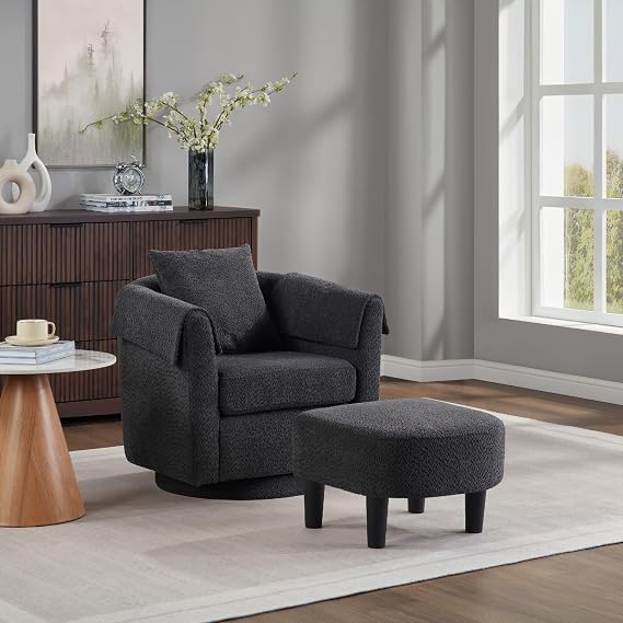 Swivel Accent Chair with Ottoman Set, Modern Chenille Barrel Armchair with Removable Pillow and Armrest, Comfy Soft Armchair and Footstool Covers for Living Room, Bedroom, Office (Black)