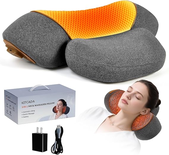 3 in 1 Rechargeable Neck Massage Pillow with Heating, Vibration & Cervical Traction, Deep Tissue Neck Pain Relief & Hump Correction, Ergonomic Neck Support for Home Office Use, Gift for Women and Men