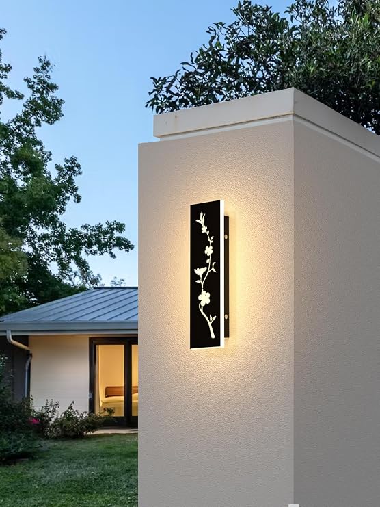 Led Long Wall Light Black 30cm Outdoor Wall Light 12W IP67 Waterproof Villa Wall Lamp 3000K Peach Blossom Design Long Wall Lights Outdoor Walls Gardens Porch Stairs Terraces Lighting [Energy Class B]