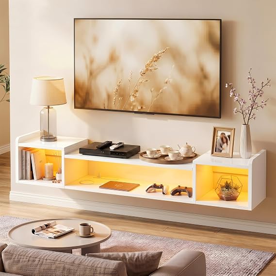 70.9" Long Floating TV Stand with LED,Power Strip for 60/65/70/75 Inch TV | White Wooden Entertainment Center,3 Storage Shelves & 154 lbs Capacity,Wall Mounted for Living Room Bedroom,Sleek, Modern