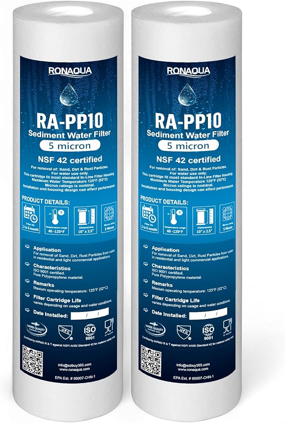 Ronaqua 5 Micron Sediment Water Filter Cartridge 10"x2.5", NSF Certified, 4-Layer Filtration for any 10-inch RO Units & Whole House Systems, Compatible with Culligan P5, AP110, WHKF-GD05, 2 Pack