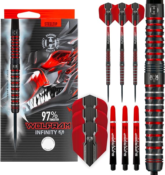 Harrows Wolfram Infinity Steel Tip Tungsten Darts Set 90% Tungsten 21g, 22g, 23g, 24g, 25g, 26g Includes Supergrip Fusion Shafts & Prime Flights