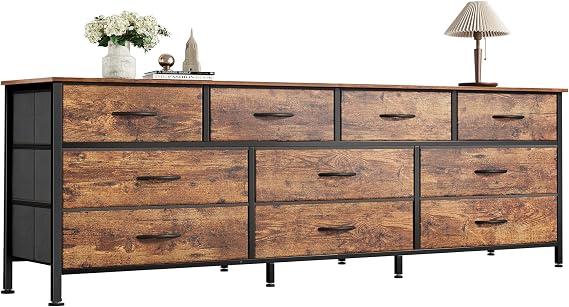 Huuger 63 Inch Dresser for Bedroom, Long Dresser with 10 Fabric Drawers, TV Stand for 55, 65, 70 Inch TV, Toy Storage Organizer for Closet, Rustic Brown