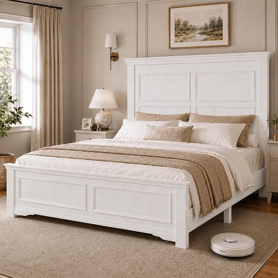 King Bed Frame, 64.1" Extra Tall Farmhouse Headboard, White