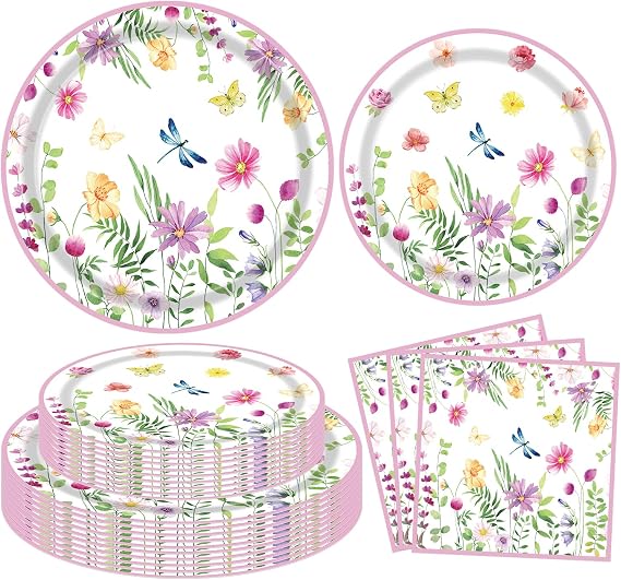 120 Pack Wildflower Party Supplies Floral Paper Plates and Napkins Spring Floral Baby Shower Birthday Tableware Decorations for Spring Picnic Wedding Tea Party Serves 40
