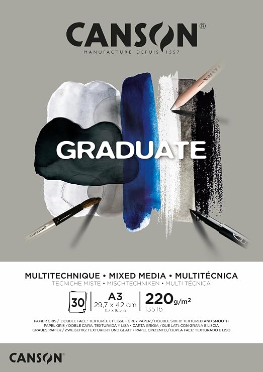 CANSON Graduate Mixed Media 220gsm A3 Paper, Double Sided: Grained and Smooth, Pad Glued Short Side, 30 Grey Sheets, for Student Artists