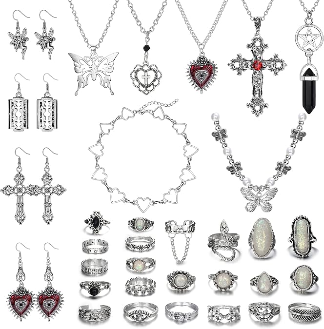 Subiceto 33Pcs Grunge Vintage Punk Necklace Jewelry Set Gothic Earrings Fairy Butterfly Boho Crystal Y2k Cross Pendent Butterfly Heart Choker Goth Stackable Knuckle Rings Adjustable Y2k Accessories for Women Men