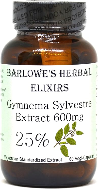 Barlowe's Herbal Elixirs Gymnema Sylvestre | Extract | 25% Gymnemic Acid | 600 mg Per Capsule | 60 Veggie Capsules | Glass Bottle | Stearate Free | No Fillers | Non-GMO