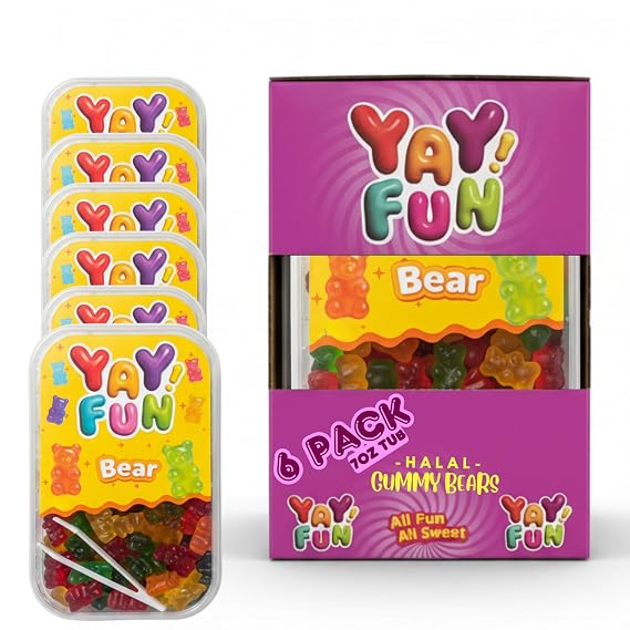 Halal Gummy Bears | 6 Pack Bundle (7 oz Tubs) | Colorful Fruit-Flavored Gummy Bears | Resealable Tubs in Bulk with Display Box | Halal Bulk Gummy Candy for Parties & Sharing