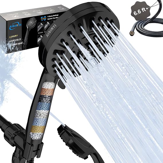 Filtered Shower Head with Handheld, High Pressure 10 Sprays, Black | 80" Long Stainless Hose, 2 Built-in Power Jets, Water Softener Filter Beads for Hard Water - Remove Chlorine, Reduce Dry Skin