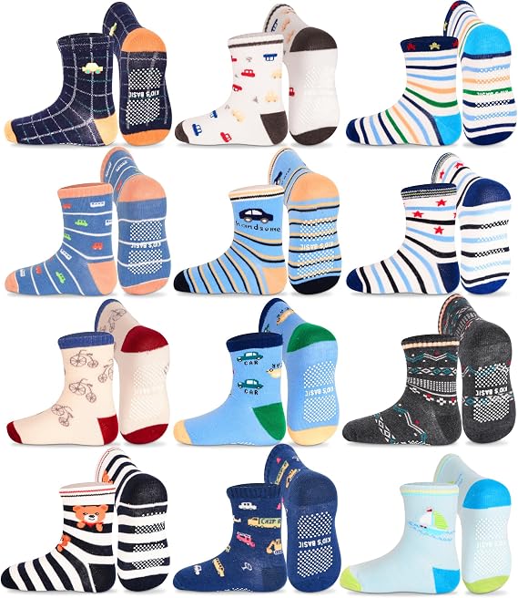 GRPSKCOS Toddler Non Slip Socks- 12 Pairs Anti Skid Kids Socks Cute Crew Grips Sock for 1-7 Years Boys Girls Children
