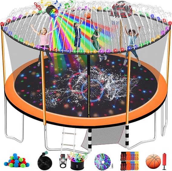 1500LBS 6 8 10 12 14 15 16 FT Trampoline for Kids and Adults with Sprinkler, Lights, Bluetooth Speaker, Water Balls, 16 Socks, Outdoor Recreational Trampolines with Enclosure Net