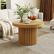 Round Coffee Table, Farmhouse Circle Center Table with Fluted Drum Base, Wooden Accent Table with Spacious Tabletop for Living Room, Natural