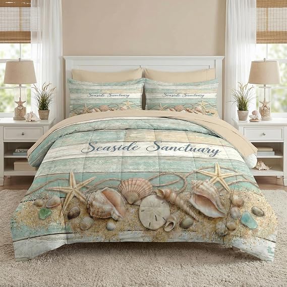 Queen Comforter Set with Sheets, 7 Pieces Coastal Bedding