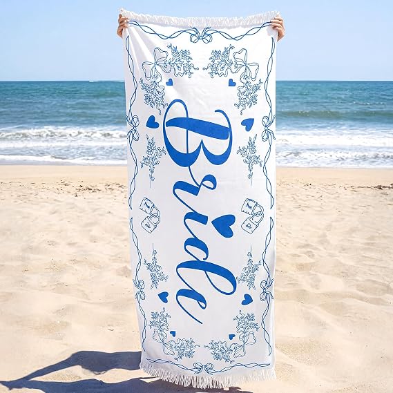 Hahafelt Bride Beach Towel with Tassel for Bridal Shower Bachelorette, Blue