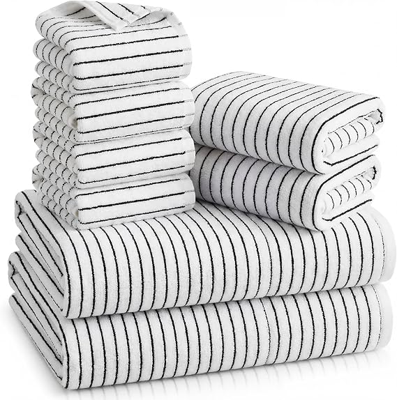 Mindsoft 8 Piece Black and White Striped Bath Towels Set Soft Microfiber Towel Set with Hanging Loops -2 Bath, 2 Hand, 4 Washcloths Absorbent Quick Dry Shower Cloth for Bathroom Hotel