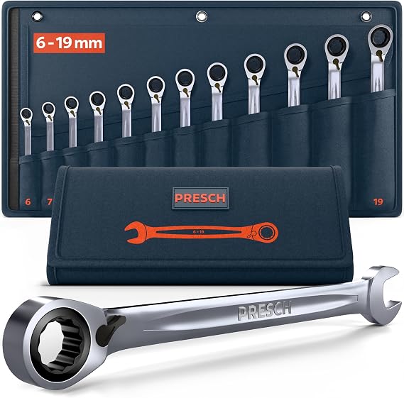 PRESCH Ratchet Wrench Set 12 Pieces Switchable (6-19 mm) with Bag - Minimum Return Angle (up to 4° 90 Teeth) - Robust Precision-Made Ring Ratchet Wrench