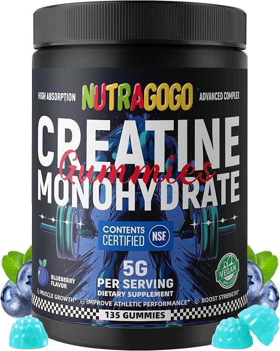 NSF Certified Creatine Gummy - Creatine Monohydrate Gummies for Men & Women-5g of Creatine Monohydrate per Serving - Sugar Free,Vegan, Blueberry Electrolyte Chews, 135 Count